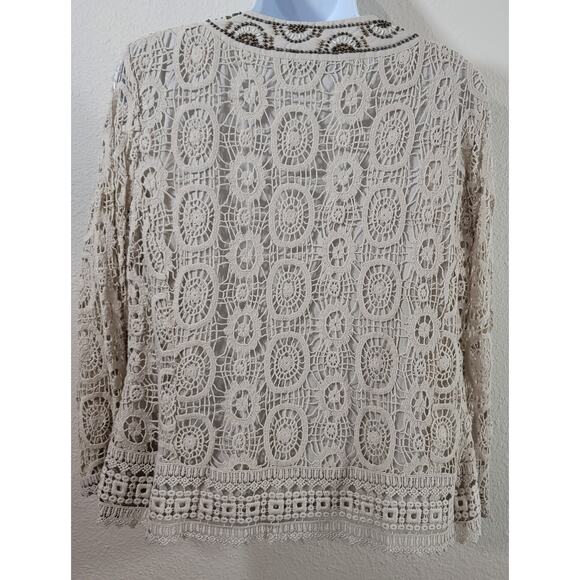 Peter Nygard Tan Beige Crochet Bead Overlay Open Front Blazer 8 Lightweight Soft - Picture 2 of 8